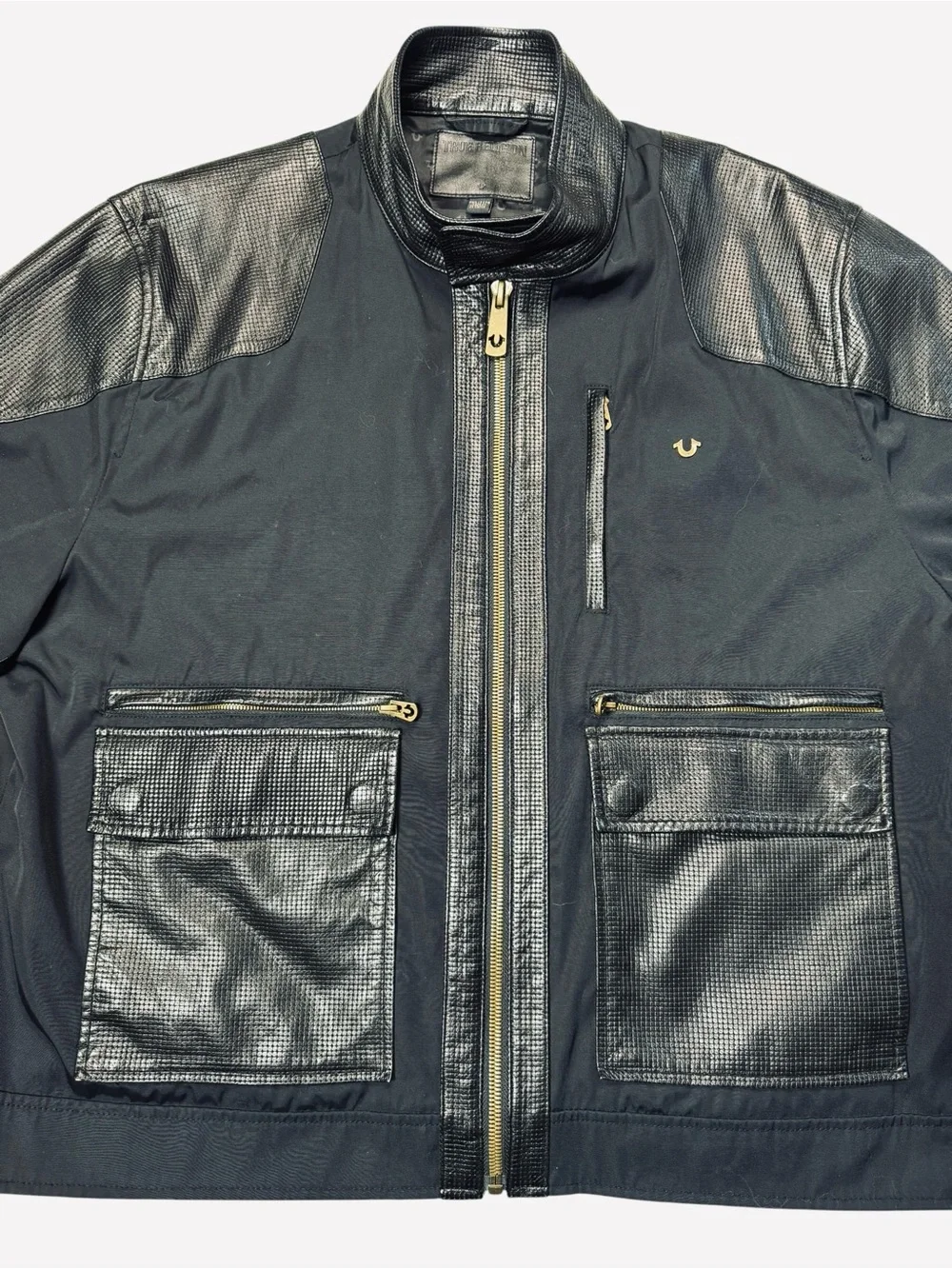 True Religion Black Bomber Mix Media Cotton Leather Jacket Size 3XL